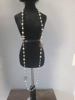 Authentic Chanel Pearl Beaded Long Necklace with Gold-Tone Accents
